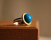 BRASS and TEAL METALLIC ring with golden disk and polymer clay