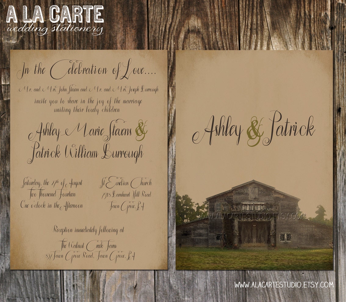 Rustic Barn Wedding Invitation Suite - Invitation and RSVP Card - Rustic Vintage Wedding - Kraft Paper Wedding