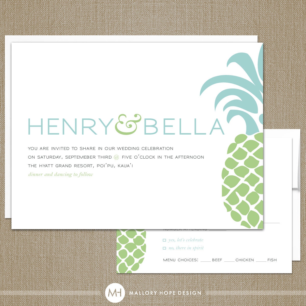 Tropical Pineapple Hawaiian Modern Wedding Invitation & RSVP Set - CUSTOMIZE Colors and Content - Digital Design Files