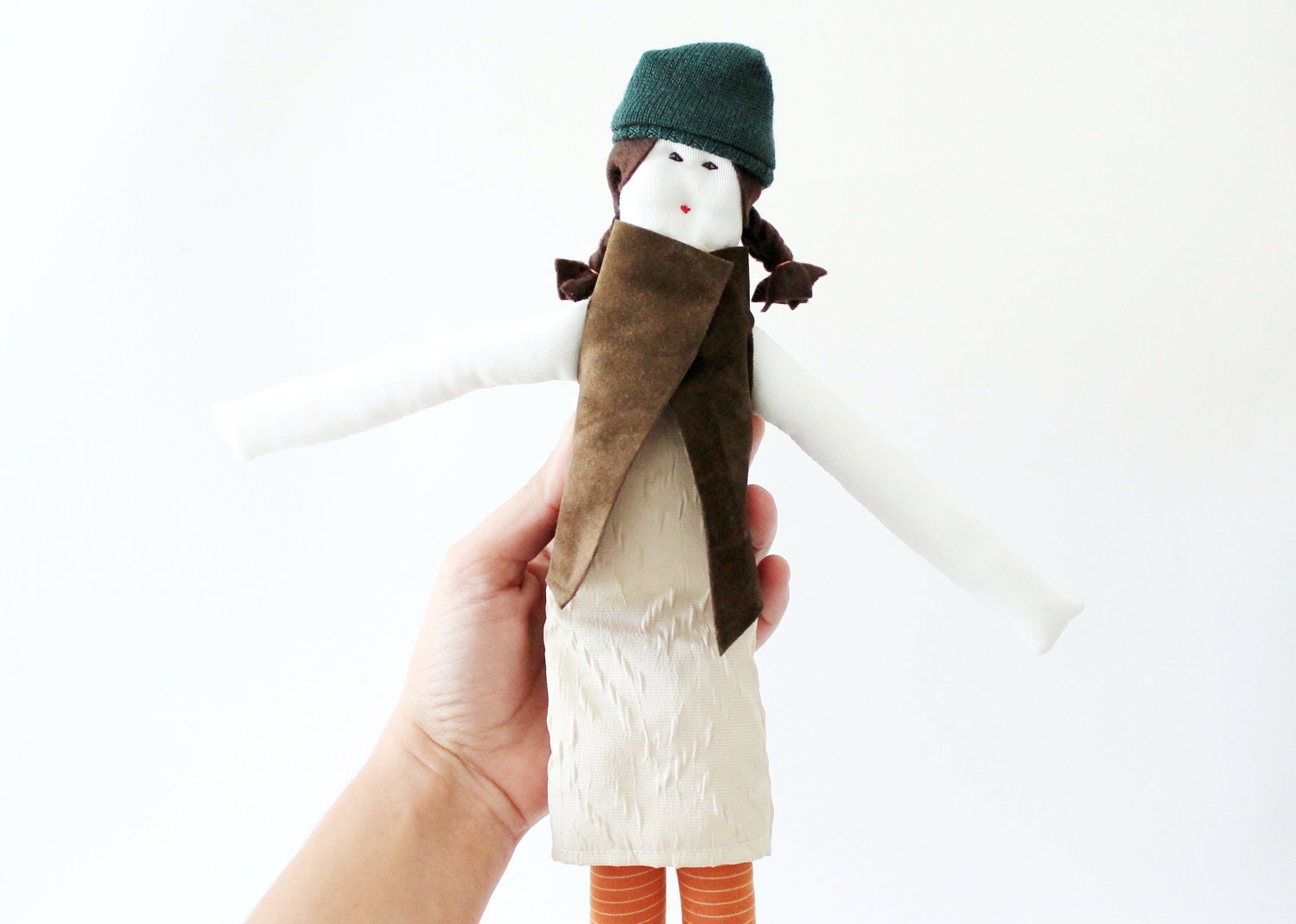 Handmade fabric doll Sicrana wool felt brown hair ooak soft toy beige brown orange stuffed girl doll easter gift