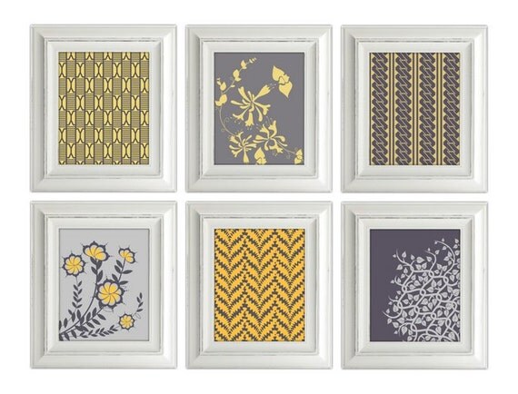 Modern Vintage Art Prints For Home - 8X10 - Set of 6 - No. 039-1 Collection - Silver, Gray, Saffron, Flowers, Patterns, Directional, Stripe