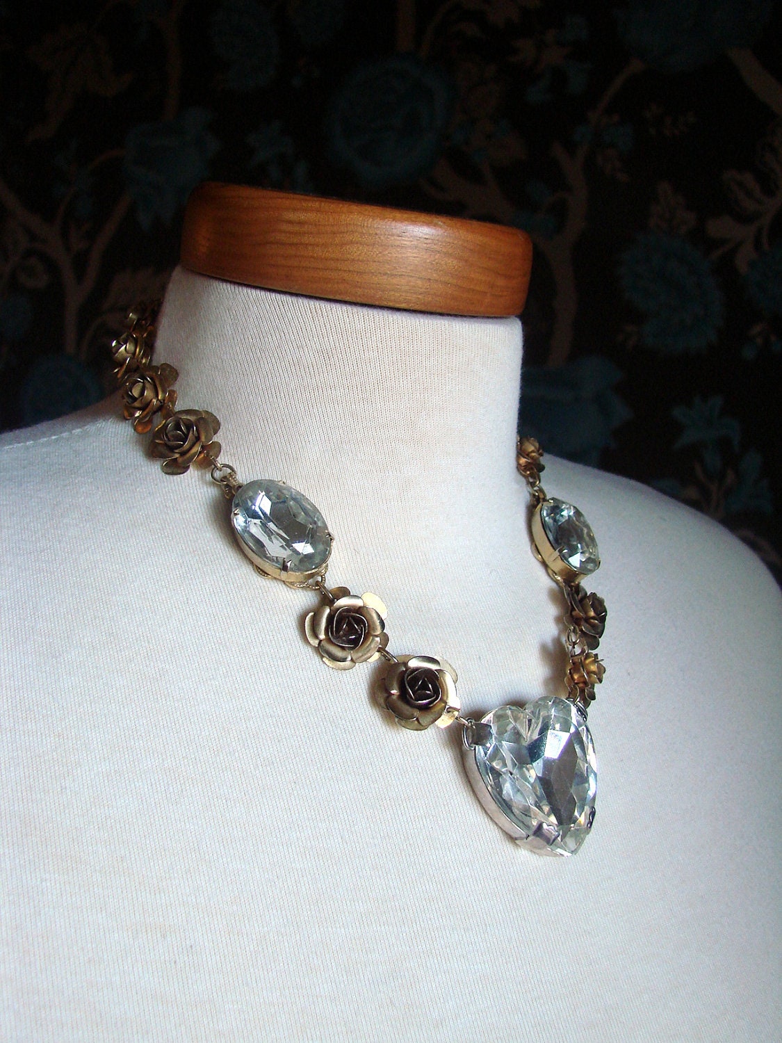 RESERVED Vintage Art Deco Brass and Rhinestone Flower Necklace