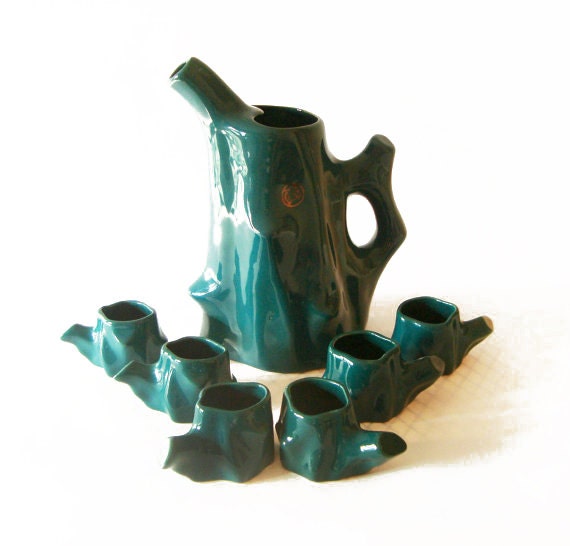 Christmas Green Ceramic Coffee Cups and Coffee Pot Set - Modern Mid Century Made in Romania - dark green teal - natural rustic kitchen deco
