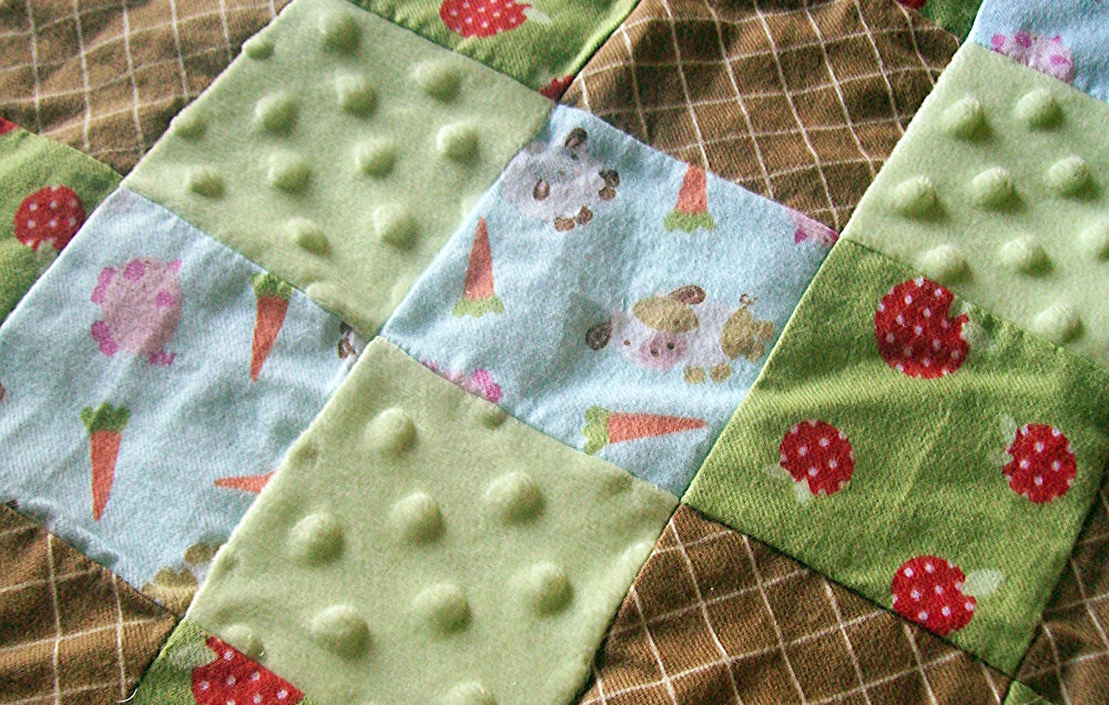 Farm Time Baby Quilt with Green Minky Backing -- Gender Neutral