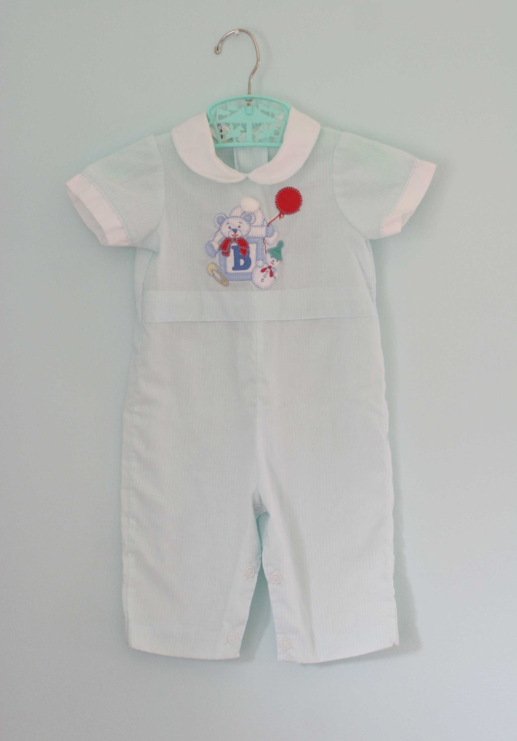 SALE Vintage Baby Boy One Piece with Bear Block Snowman Balloon 6-9mo