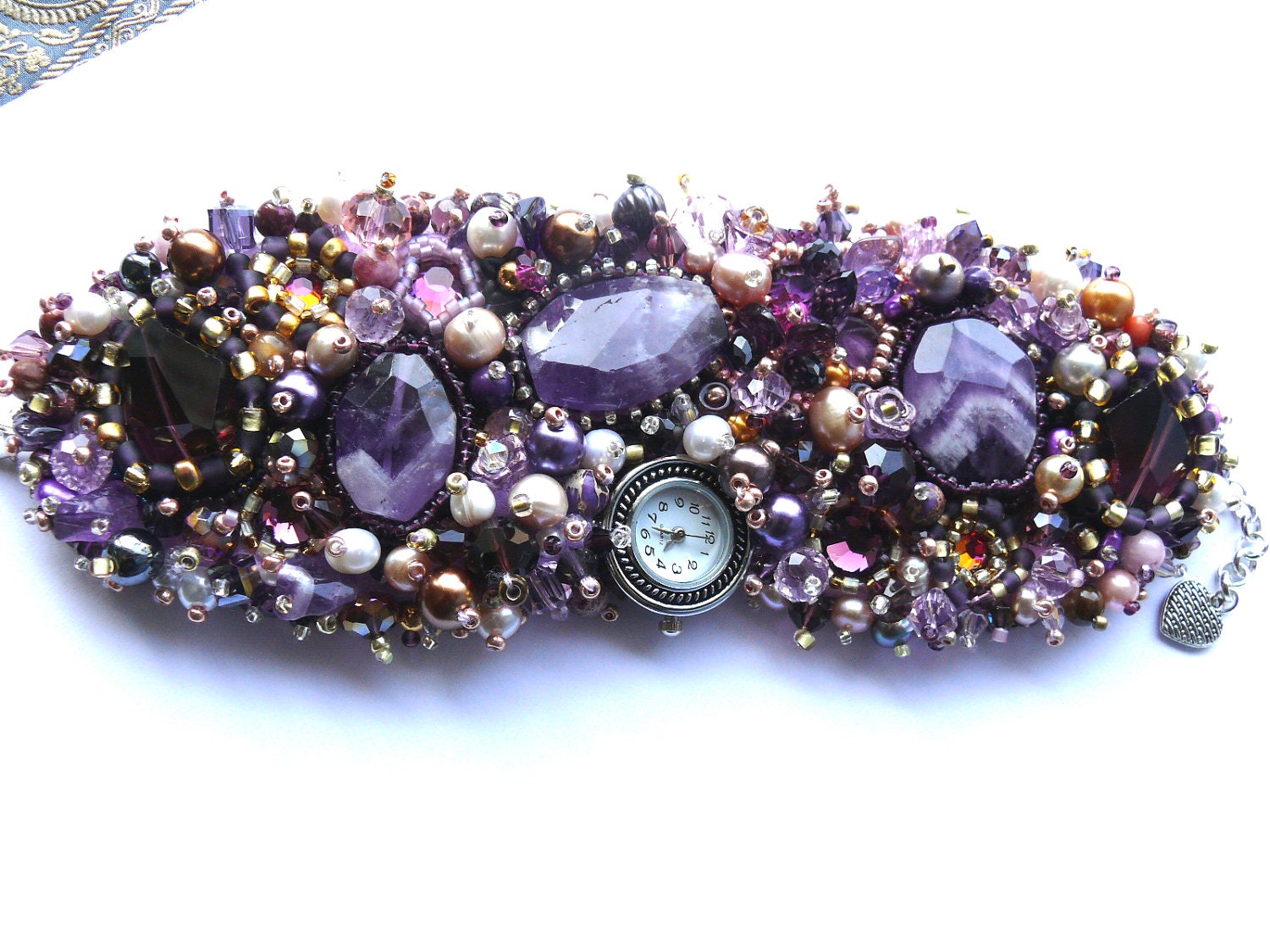 SALE Bead Embroidered Bracelet Cuff Watch AMETHYST and FRESHWATER Pearls, Swarovski elements embroidery