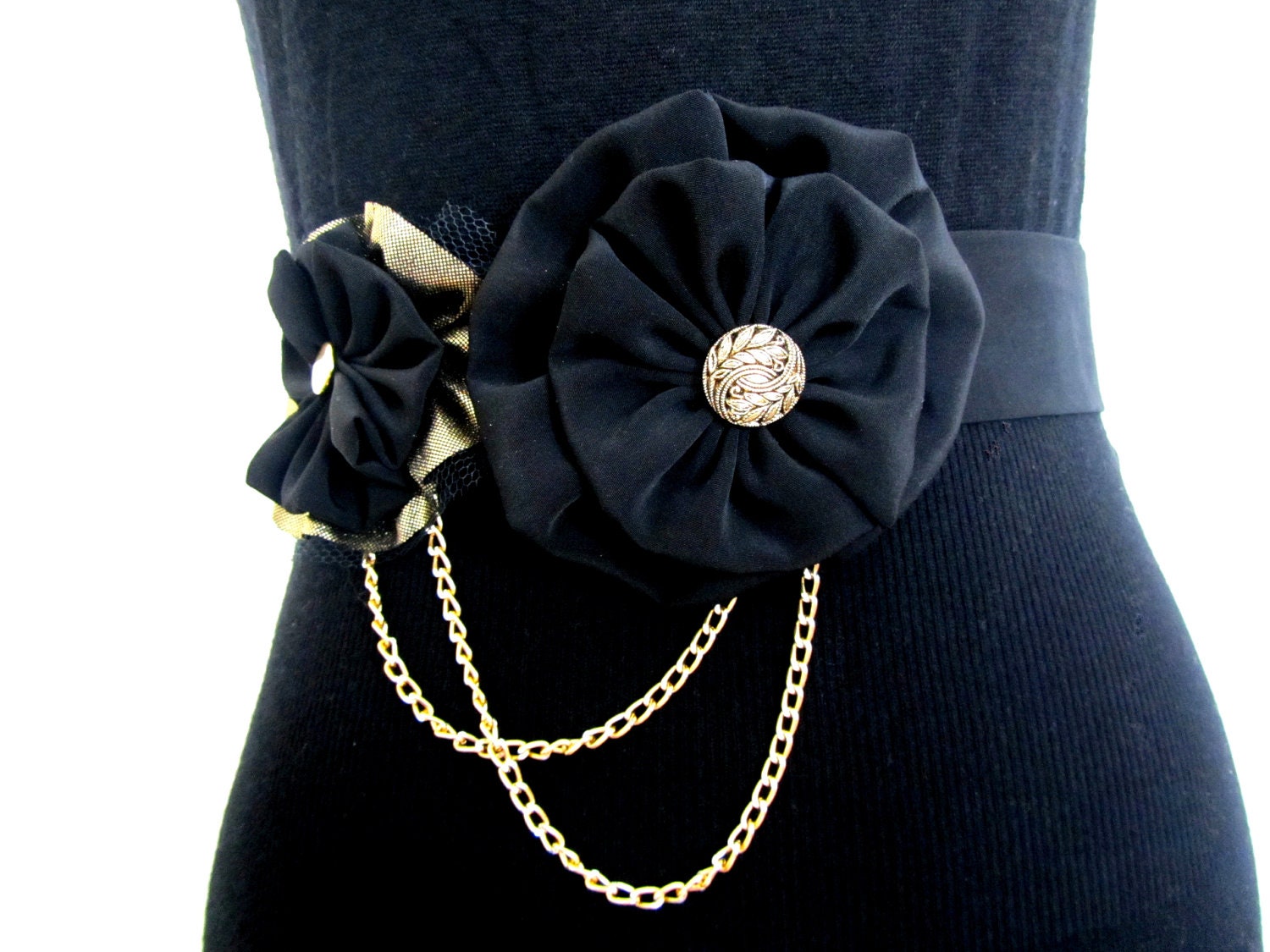 Black Belt, Sash Belt with Gold Buttons, Fabric Flowers and Gold Chain