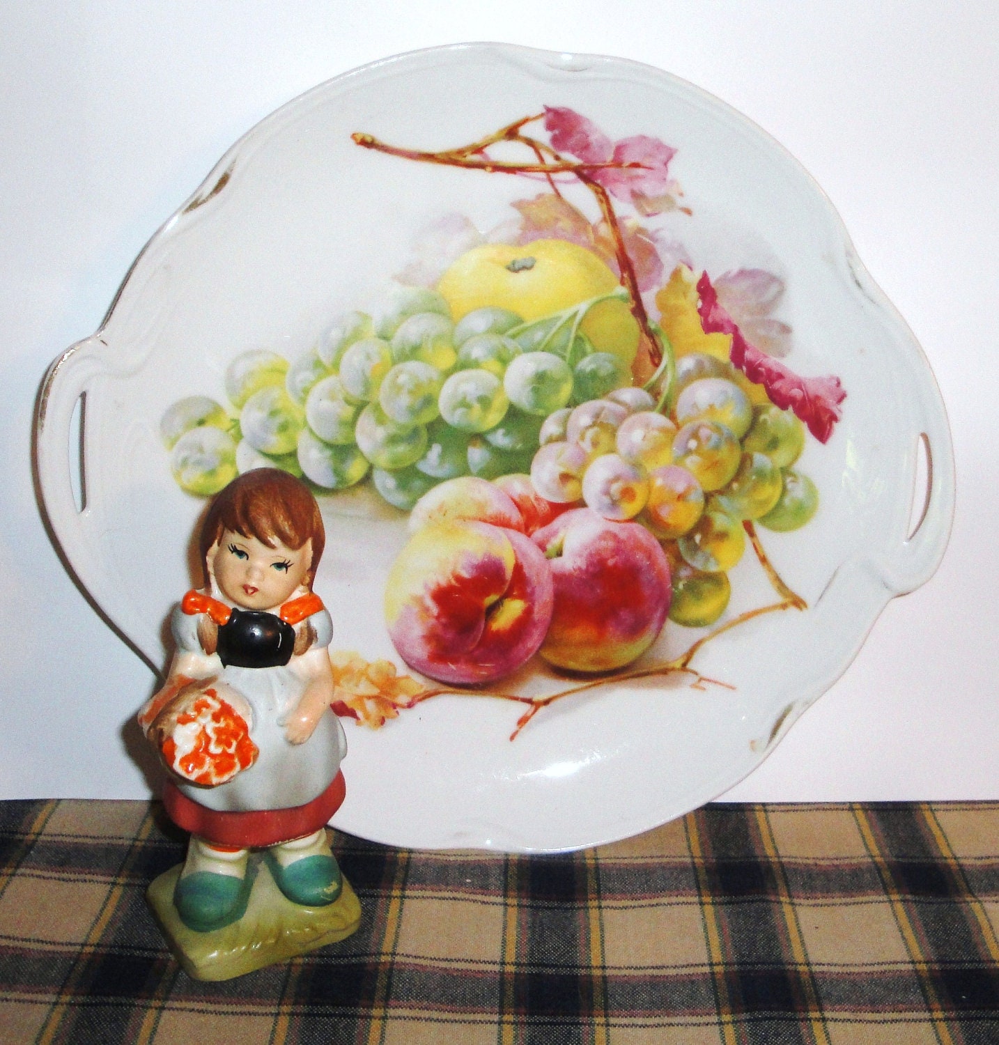 Vintage J & C Louise Bavaria Porcelain Fruit Design Plate and Little Girl Figurine - Home Decor - Housewares - Collectibles