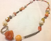 Long Necklace w/Natural Jade stones, small Yellow Agate nuggets, Large Orange Carnelian nuggets and Small Aventurine Gemstone Oval Beads