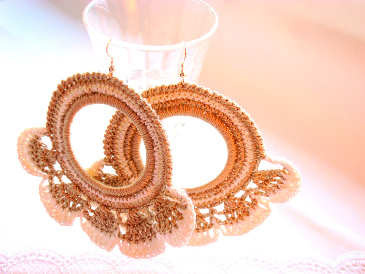 SALE -30% Crochet Hoop Earrings Handmade Jewelry ecru white Earrings