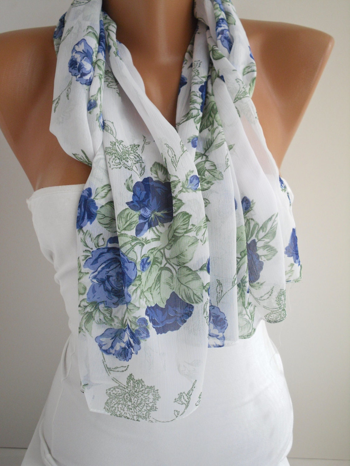 Blue Rose Chiffon Shawl/Scarf