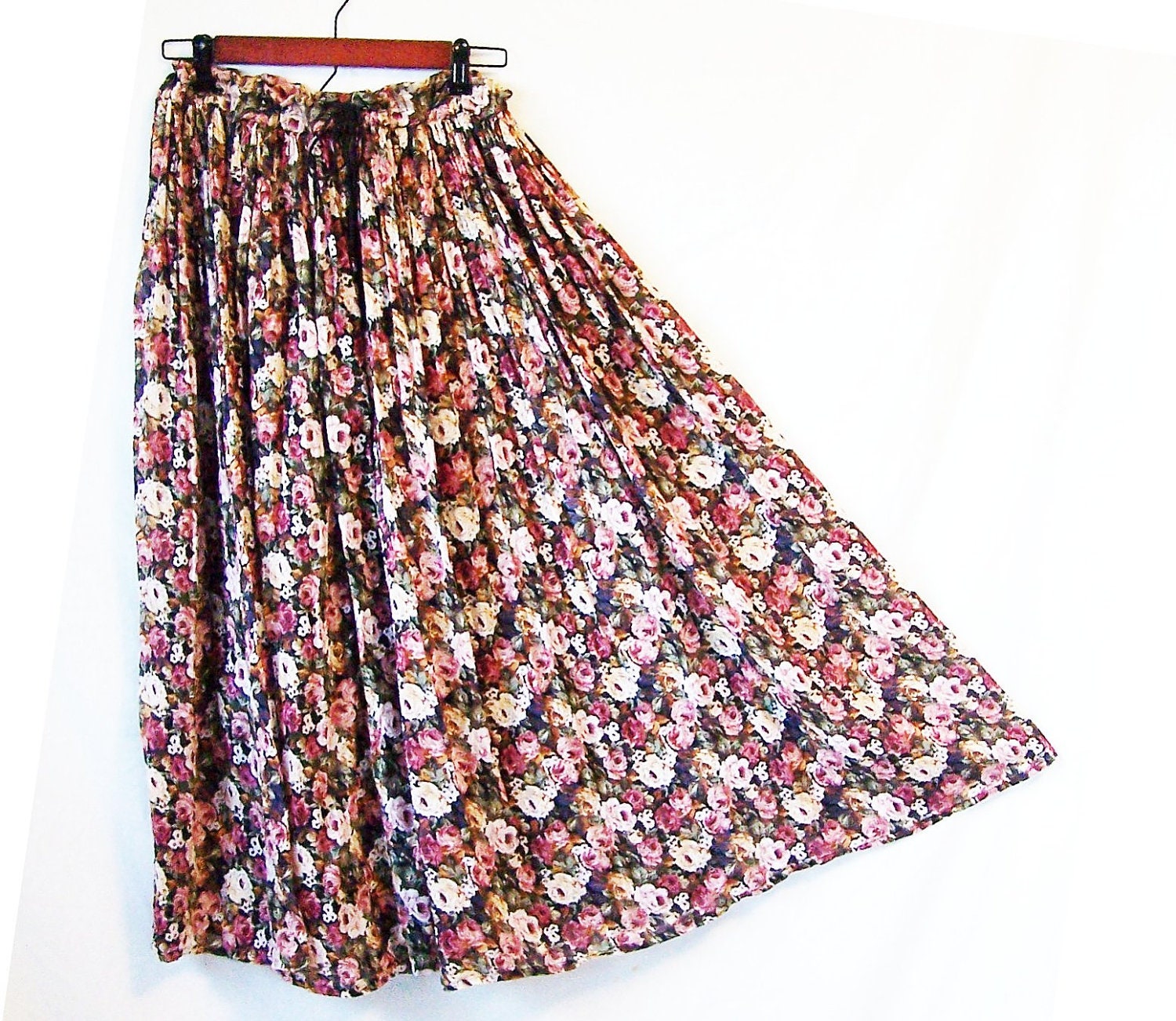 Vintage 1980s womens hippie skirt grunge skirt cotton gypsy maxi lightweight summer skirt floral boho Bohemian drawstring waist one size