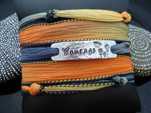 SALE D2E hammered & hand stamped "Courage" w/flowers and butterfly (Lupus) aluminum bar adjustable silk wrap bracelet