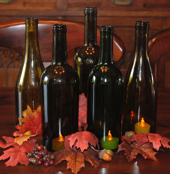 Set of 5 Hand Cut Wine Bottle Hurricane Candles- Perfect for a  Wedding