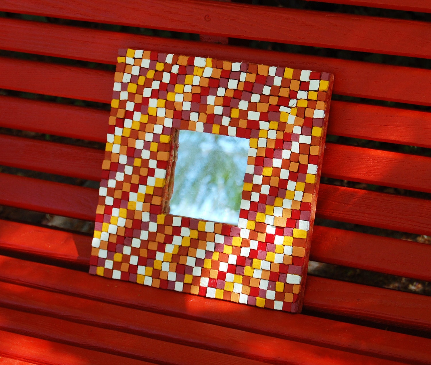 Mexican Folk Art Mini Mosaic Mirror - Small Mirror Surrounded by Thick Border of Handpainted Mosaic Tiles