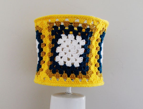 Yellow Lampshade Granny Square Gold Crochet Teal White Retro Unique Lighting Housewares Retro Inspired