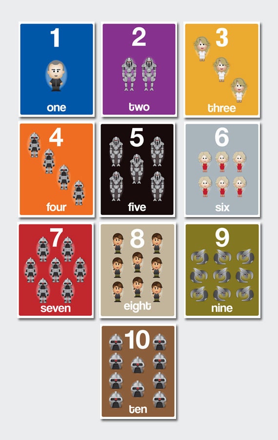 Sci-Fi Flash Cards, Nursery Number Art - 1 through 10 -- 3.5 x 5 Inch BSG Inspired Print - Sci-Fi Geek, Cylons, Six, Athena