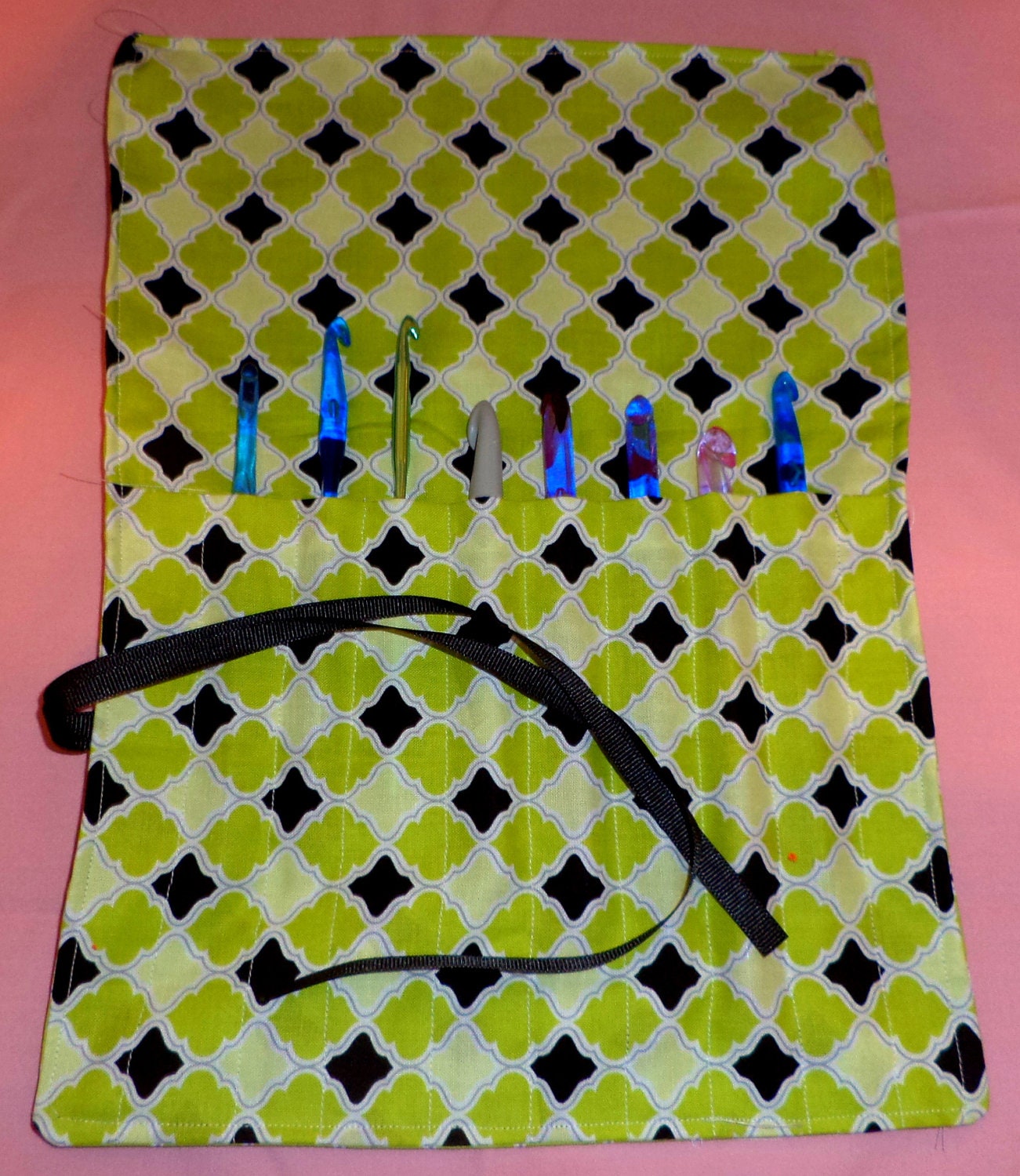 Crochet  Hook  Case. Roll up Lime Green and Black with black ribbon