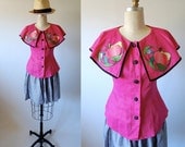 Vintage 60's linen blouse fruit applique shawl collar rockabilly retro S M small / medium