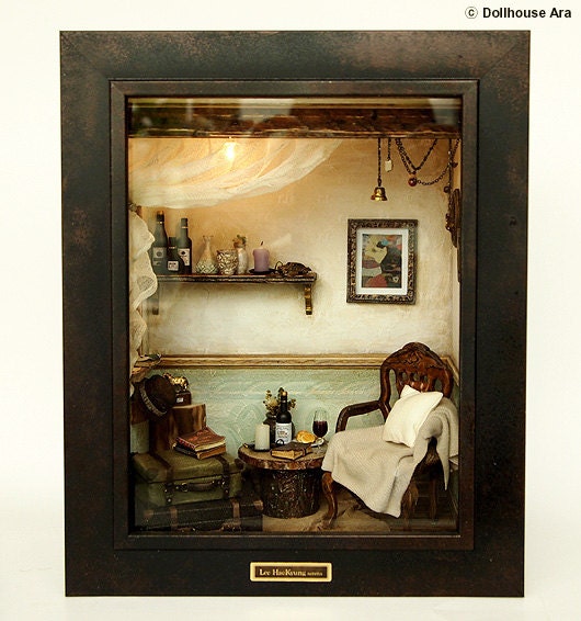 The Room with Old TRUNK (No.1)- Vintage Antique chair -handmade Dollhouse Miniatures