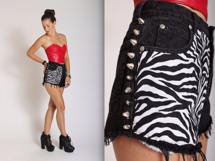 Black and White Studded Zebra Print High Waisted Shorts