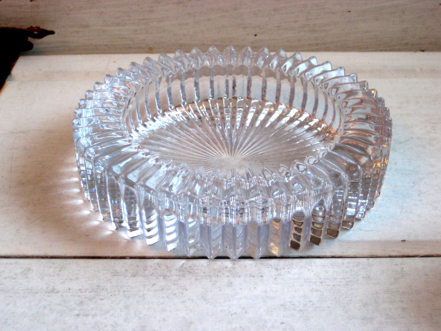 Art Deco styled glass ash tray, clear, ribbed detailing, jewelry storage, candy dish