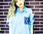 Repurposed / Recycled Vintage Jean Button Up Cut Out Shoulder Black Lace Shirt Blouse Top