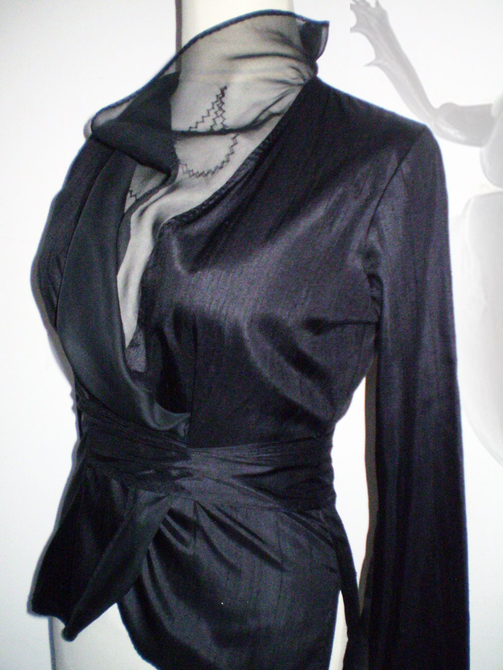 Black blouse of  douppioni silk with embroidered collar organza