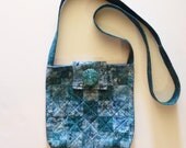 Quilted Multicolor Teal and Blue Batik Print  Messenger Bag, Purse with a Handmade Beaded Button, Purse,School  Bag