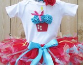 CARNIVAL BIRTHDAY 3D Cupcake 1st Birthday Set Includes Petti Tutu 3D Cupcake Onesie Free Matching Flower Headband - 1st 2nd 3rd 4th 5th bday