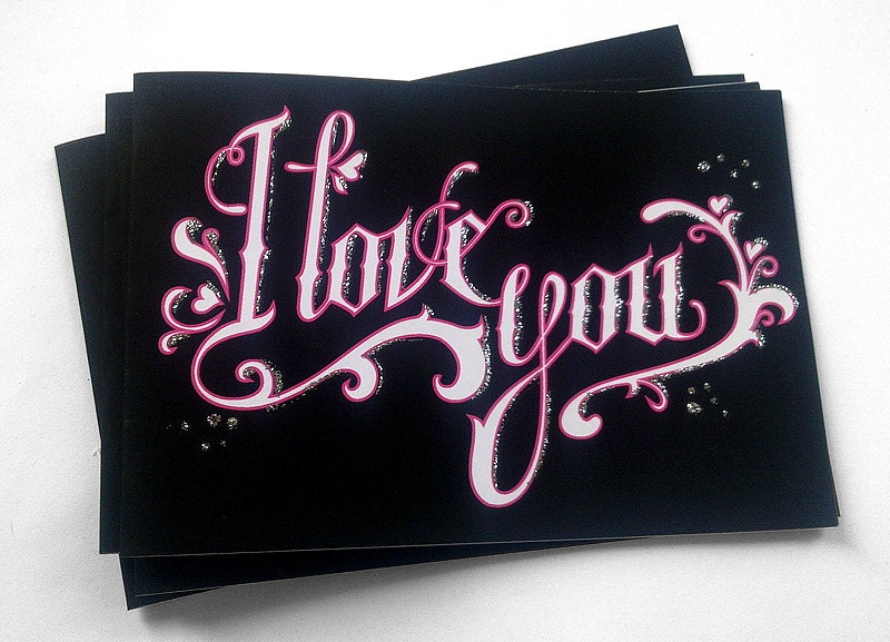 I love you card - Valentine, white on black, greetings, 10 x 15 cm, free shipping