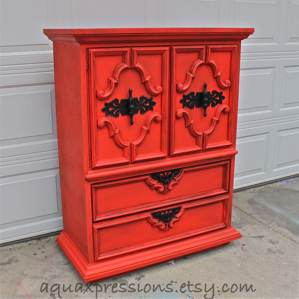 Scarlett Sun Orange Armoire/ Retro Cabinet/ Dresser/ Glazed and Distressed Furniture/ Chest w/ doors