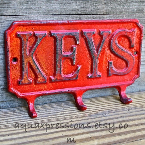Cast Iron KEYS Hanger/ Bright Red Key Rack/ Bright Fun Wall Hook/ Shabby Chic Decor/ Painted Distressed Metal Holder/ Beach Cottage