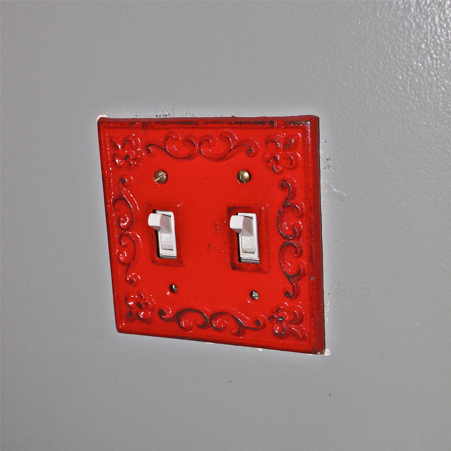 Laguna Green Decorative Light Switch Plate/ Double Switch Cover/ Fleur de lis/ Bright Cast Iron/ Painted Metal/ Shabby Chic /Distressed
