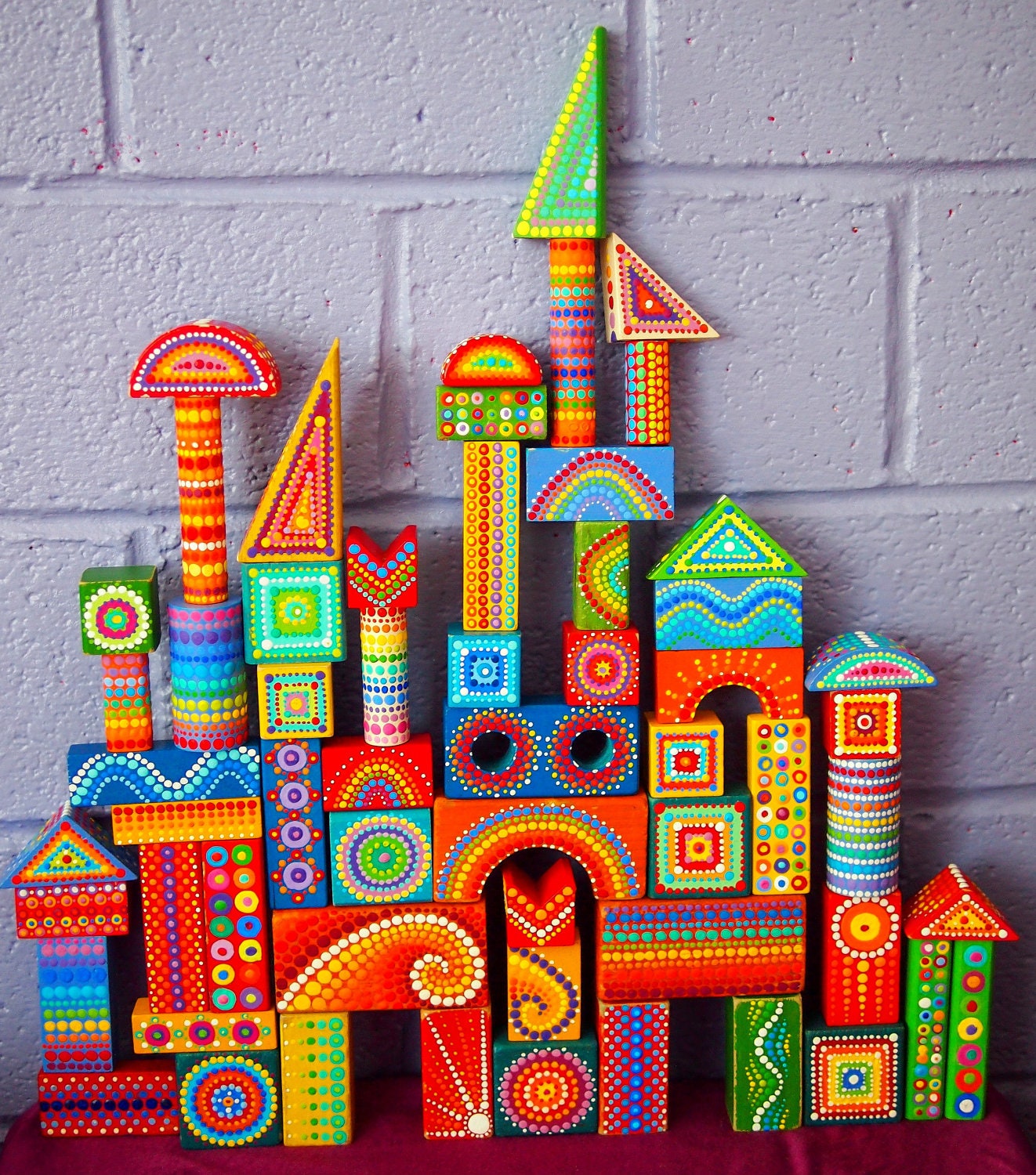 Rainbow Vintage Colourful Wooden Building Blocks- finished set