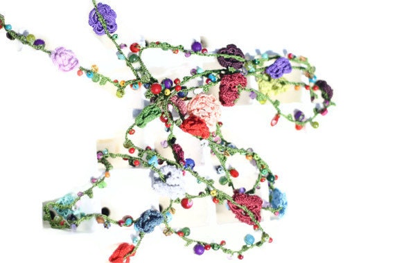 Crochet  Necklace,  Green  And  Multicolor  Flowers,  Crochet Jewelry, Handmade Jewelry, Mother's  Day