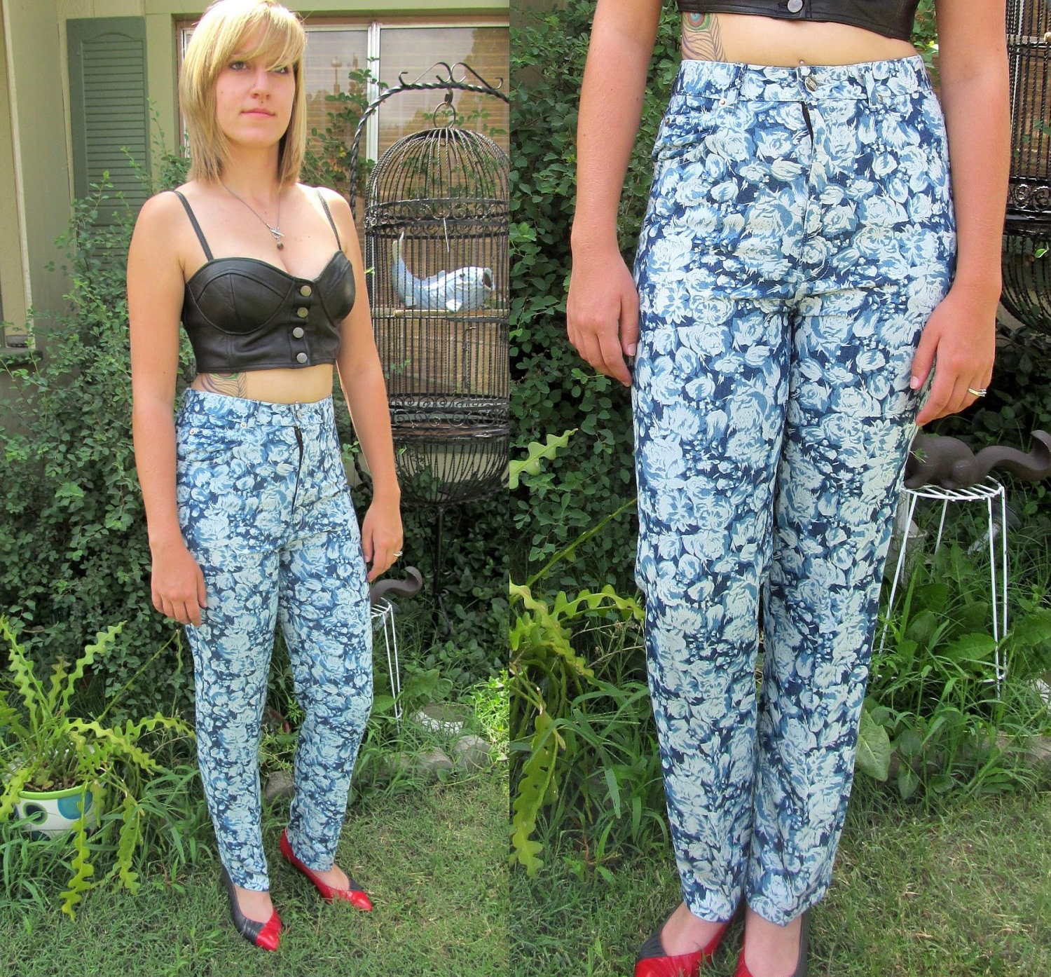 Vintage 80s Jeans High Waist / 80s Floral Jeans / Preppy New Wave Jeans FREE Shipping US Canada