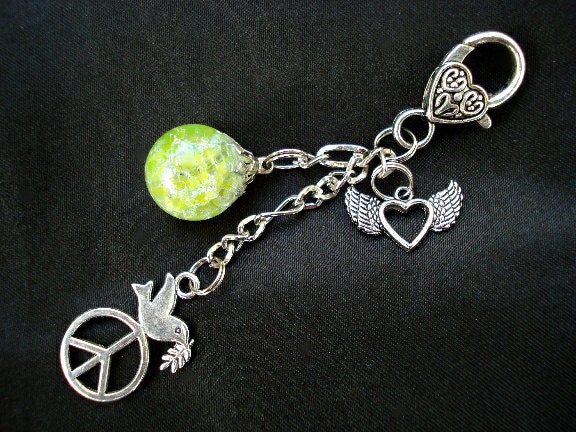 Love and Peace Dove Fried Marble Winged Heart Lime Keychain