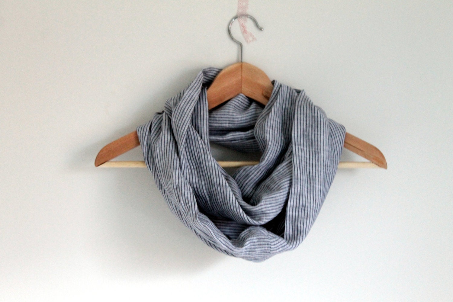 Linen infinity scarf, navy blue and white stripes, linen scarf