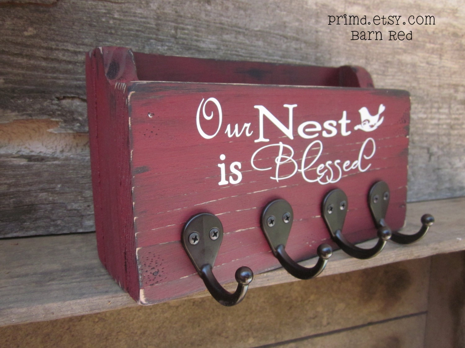 Our Nest Is Blessed - Mail Holder, Key Holder, Key Hanger, Wooden Sign, Home Decor, Wall Hanging - Rustic and Distressed, Barn Red