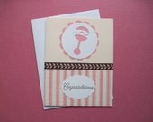 Pink Baby Rattle Pink Ticking Fabric Baby Girl Congratulations Card, 4 1/2 x 5 3/4