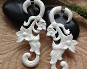 Fake Gauge Earrings, "Flowering Vines" Naturally Organic, Bone, Hand Carved, Tribal