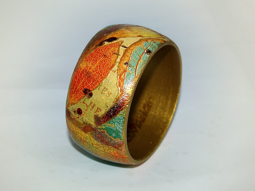 SALE.Bangle Bracelet with Swarovski Crystals " Autumn leaves " / Collage Art technique Shabby chic wood Decoupage bracelet