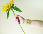 Geometric Knit Bracelet Cuff "Kickapoo" with felt chevron and yellow buttons - HomewardHandmade