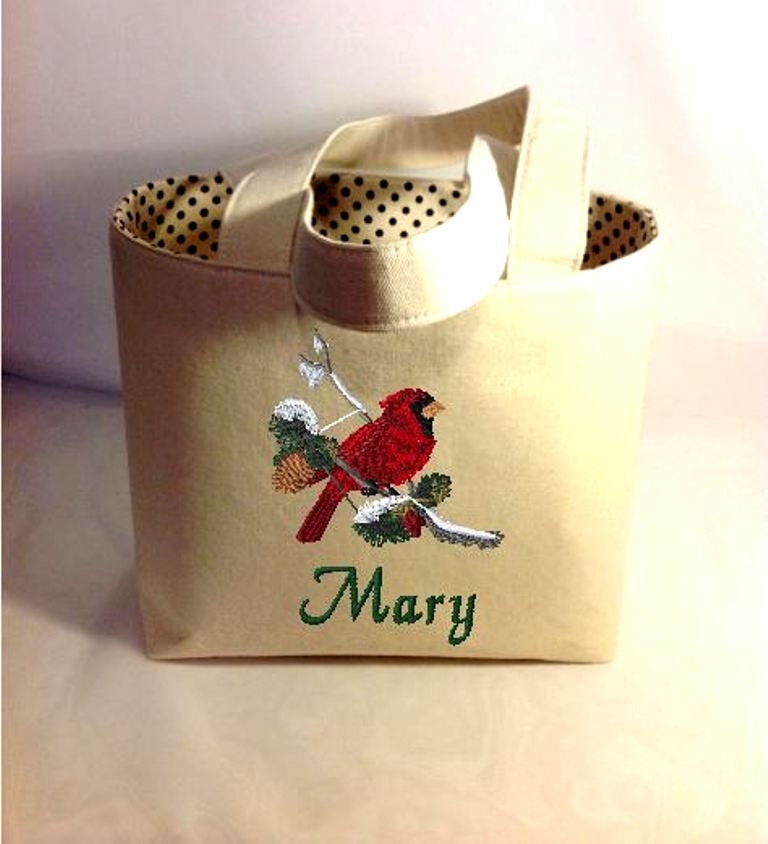 Tote Bag Fabric Handmade Tote Custom Embroidered with Monogram Cardinal Design