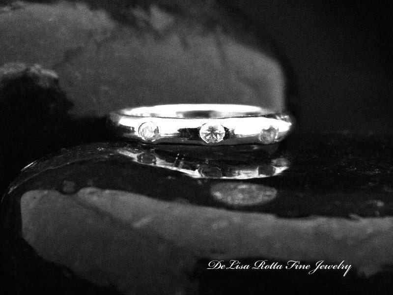 Recycled Pure Silver And White Sapphire Stackable Ring Wedding Band