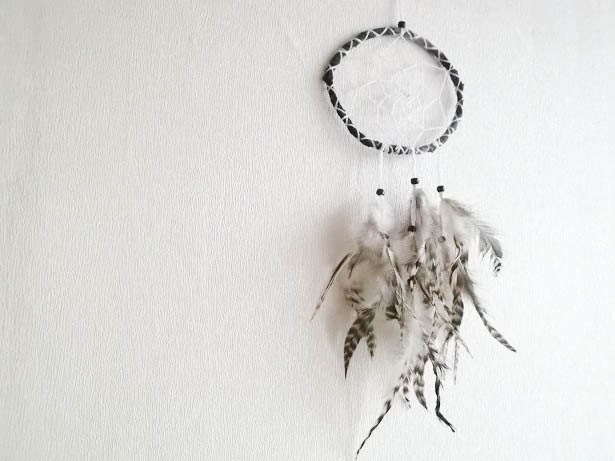Dream Catcher - Black and White Dreams - With Natural Black&White Dotted Feathers, Black Frame and White Crochet Nett - Home Decor, Mobile