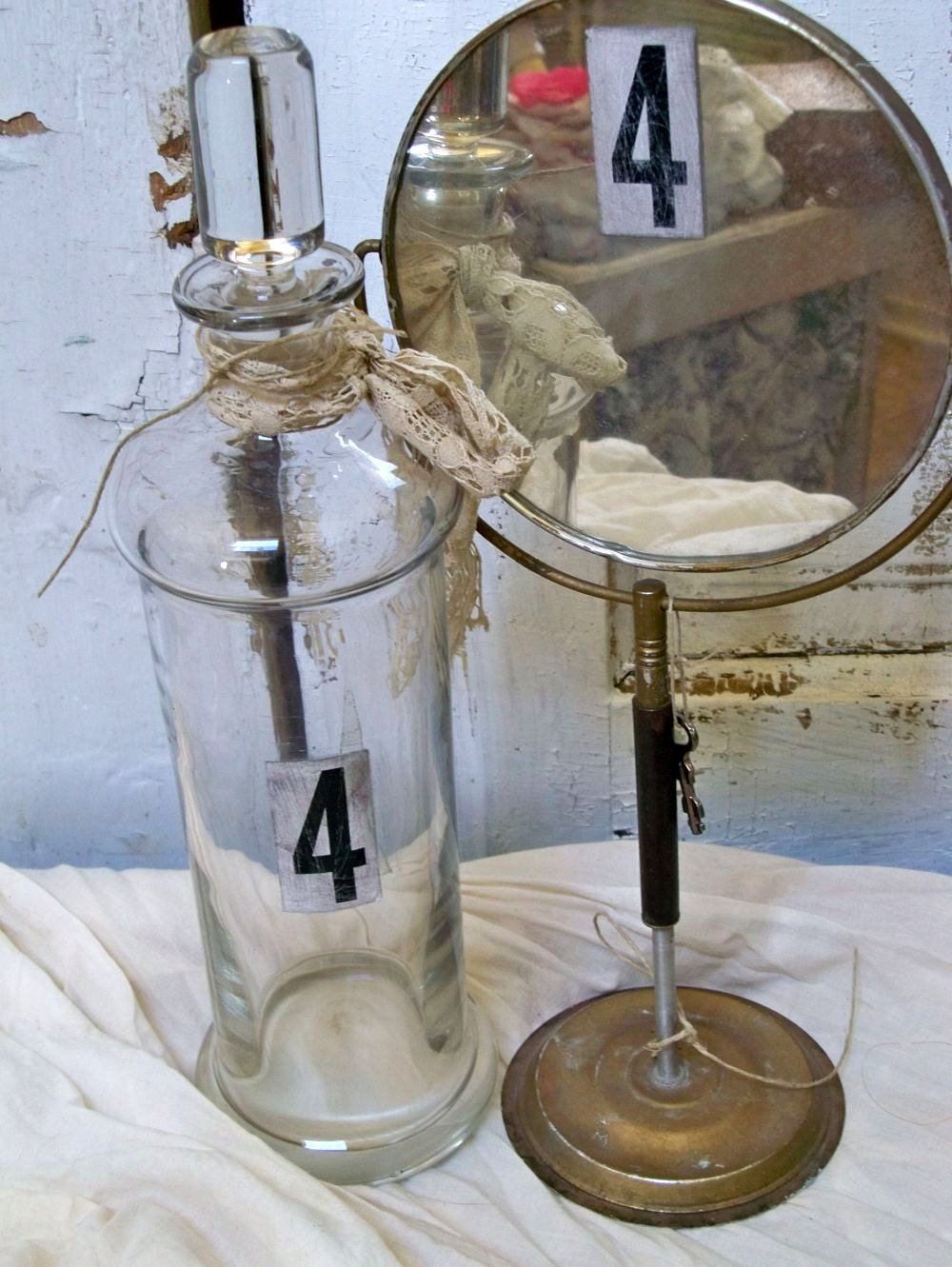 Vintage industrial metal mirror bottle set antique medical farmhouse home decor Anita Spero