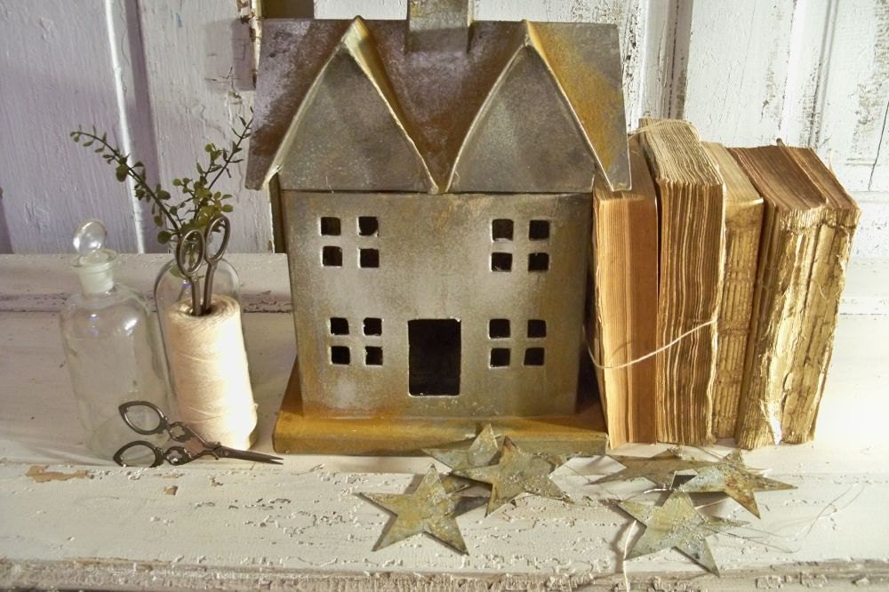 Large paper mache house rustic decor hand painted to look like metal  farmhouse decor anita spero