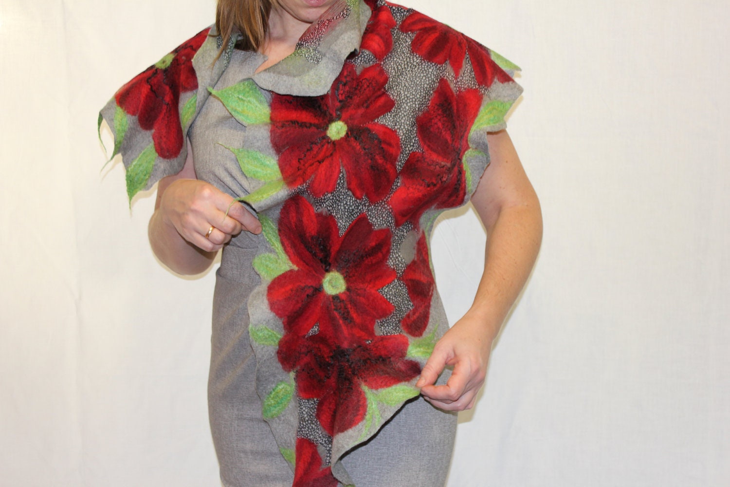 Nuno Felt Shawl OOAK / Nuno felted scarf with red flowers / Silk and Merino Wool Scarf / red, green, gray/ gifts for women